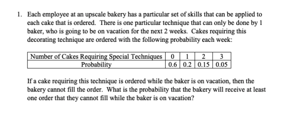 Each employee at an upscale bakery has a particular set of skills that can be applied to each cake that is ordered. There is one particular technique that can only be done by 1 baker, who is going to be on vacation for the next 2 weeks. Cakes requiring this decorating technique are ordered with the following probability each week: 1. Number of Cakes Requiring Special Techniques 02 3 Probability If a cake requiring this technique is ordered while the baker is on vacation, then the bakery cannot fill the order. What is the probability that the bakery will receive at least one order that they cannot fill while the baker is on vacation?