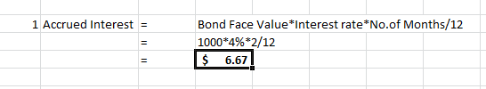 1 Accrued Interest = Bond Face Value*Interest rate*No.of Months/12 1000*4%*2/12 $ 6.67