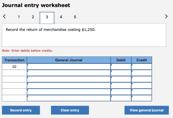 Journal entry worksheet < 1 2 3 4 5 Record the return of merchandise costing $1,250. Note: Enter debits before credits. Trans