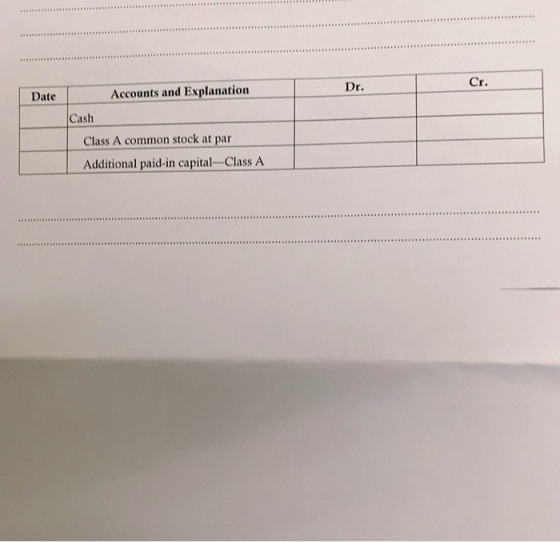Date Accounts and Explanation Dr. Cash Class A common stock at par Additional paid-in capital-Class A