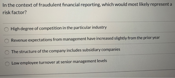 In the context of fraudulent financial reporting, which would most likely represent a risk factor? High degree of competition