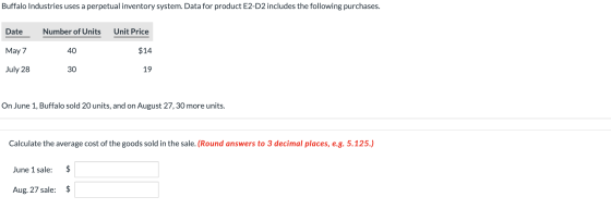 |Buffalo Industries uses a perpetual inventory system. Data for product E2-D2 includes the following purchases. Date Number o