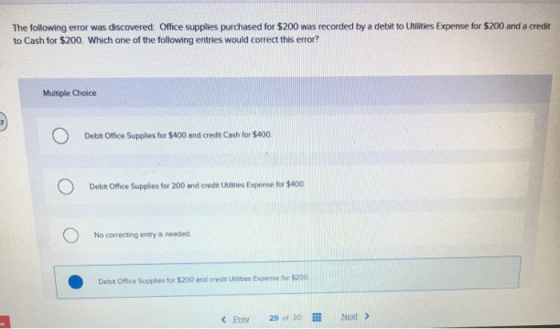 The following error was discovered: Office supplies purchased for $200 was recorded by a debit to Utilities Expense for $200