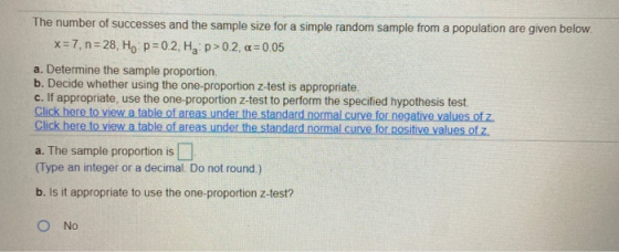 The number of successes and the sample size for a simple random sample from a population are given below. X=7, n=28, Hop=0.2,