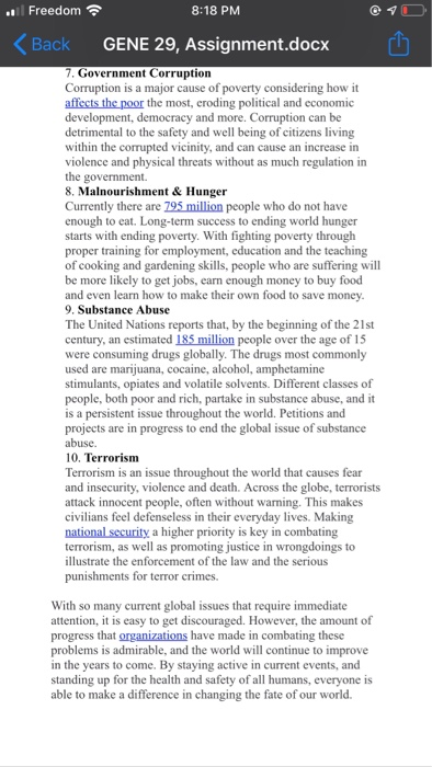 Freedom 8:18 PM Back GENE 29, Assignment.docx 7.Government Corruption Corruption is a major cause of poverty considering how