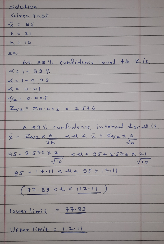 Salution Given thah A 9. conpidence interval or is チ7.8g <-U < 112.11 lower limit -- 구7.89 er limit 112.I