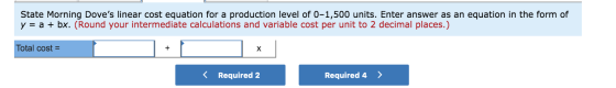 State Morning Doves linear cost equation for a production level of 0-1,500 units. Enter answer as an equation in the form of
