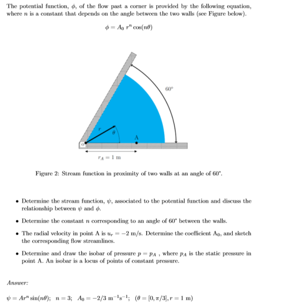 The potential function, ф, of the flow past a corner is provided by the following equation, where n is a constant that depend