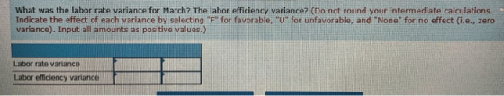 What was the labor rate variance for March? The labor efficiency variance? (Do not round your intermediate calculations. Indi