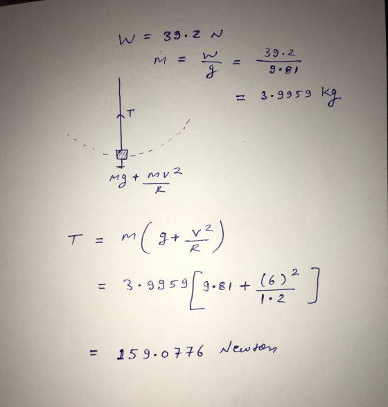 W = 39.2 N in = w - 39.2 = 3.9959 kg moz Tom( 3+x2) = 3.9959[3.81 4 4 2 3 = 159.0776 Newton