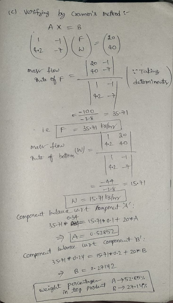 (c) verifying by Cramers method :- Ах — В 1 20 40 4.2 20 40 -7 mass flow Rate of F - Taking determinents, 42 -7 - 100 - 2.8