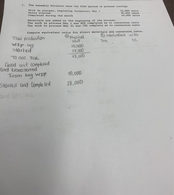 1. The Assembly Division uses the FIFO method of process costing Work in process, beginning inventory: May 1 10,000 units 38,