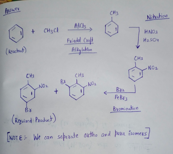 Answer Nitration Aldiz + CH₃Cl - Friedel Craft Alkylation HNO3 H2SO4 (Reactant) CH3 NO2 CH3 Boa NO2 NO2 Brz FeB83 Br Brominat