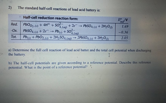 The standard half-cell reactions of lead acid battery is: 2) Half-cell reduction reaction form: red 1.69 +4Ht +so +2ePbSO4,()