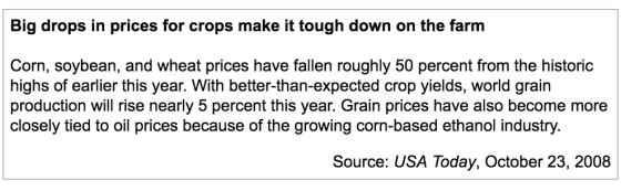 Big drops in prices for crops make it tough down on the farm Corn, soybean, and wheat prices have fallen roughly 50 percent from the historic highs of earlier this year. With better-than-expected crop yields, world grain production will rise nearly 5 percent this year. Grain prices have also become more closely tied to oil prices because of the growing corn-based ethanol industry. Source: USA Today, October 23, 2008