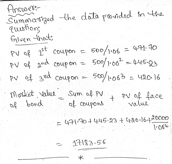 Answer:- Summarized the data provided in the question; Given that, PV of 1st coupon = 500/1.06 471.70 PV of and coupon 500/1.