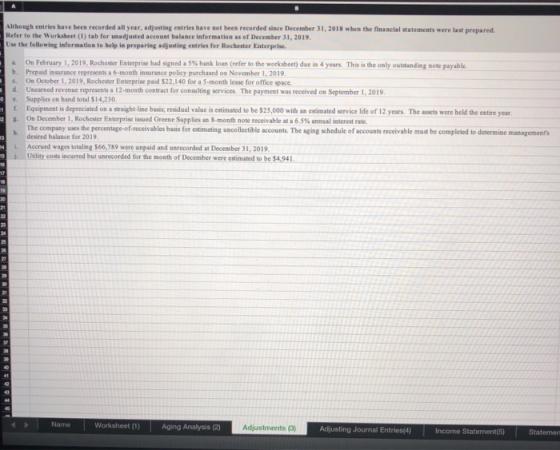 Although entries have been recorded all year, adjusting entries have not been recorded since December 31, 2018 when the finan