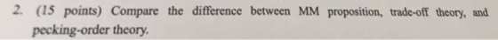 2. (15 points) Compare the difference between MM proposition, trade-off theory, and pecking-order theory