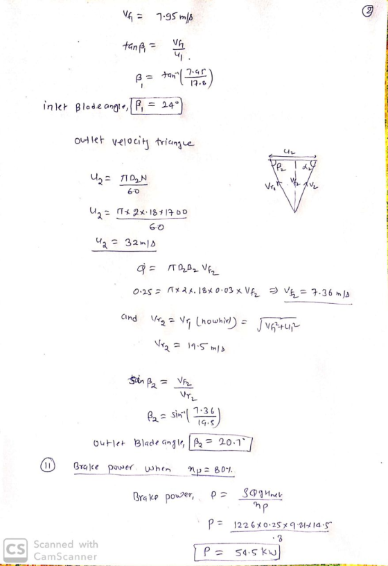 If = 7.95 m/s tanß = Vh Ba fanya maar ! 17.8 inler Blode angle, (P = 24° outlet velocity triangle 42 Per U₂ = TOON TV 60 U2 =