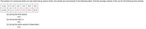 The position of a pinewood derby car was observed at various times; the results are summarized in the following table. Find t