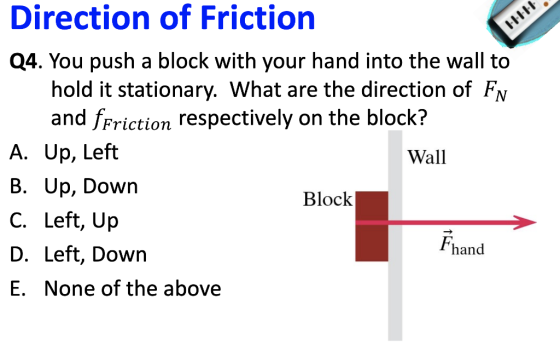Direction of Friction Q4. You push a block with your hand into the wall to hold it stationary. What are the direction of Fv and fFriction respectively on the block? A. Up, Left B. Up, Down C. Left, Up D. Left, Down E. None of the above Wall Block Fhand