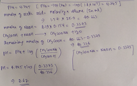 Pka=4.745 [ pla= 70 (ka) = -109 ( 1.8x105) = 4.745] mmoles of acetic acid= molarity & volume (In me) - 1.57 x 25.9 - 40.663 m