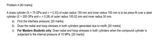Problem 4 [40 marks] A brass cylinder (E = 75 GPa and v = 0.33) of outer radius 150 mm and inner radius 100 mm is to be press