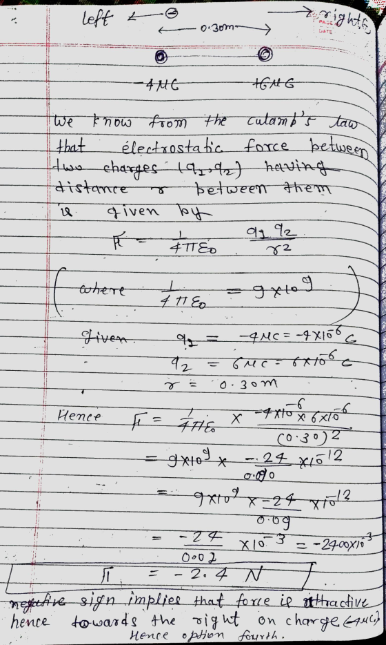 left z right, 0.3om- -446 GAG we know from the cutambs taw that électrostatic force between two charges 1942) having distanc