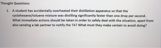 Thought Questions: 1. A student has accidentally overheated their distillation apparatus so that the cyclohexane/toluene mixt