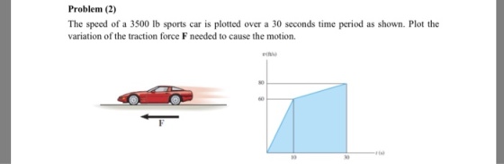 Problem (2) The speed of a 3500 Ib sports car is plotted over a 30 seconds time period as shown. Plot the variation of the traction force F needed to cause the motion. 60 ris) 10 0