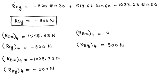 Rcy 900 din 30 + 519.62 Sin 60 - 1039.23 sin 60 Rcy 9OON (REX)4 = = 1558.85N -900N (REG) 4 = 900N (Rcm)4 (Rcy)4 (Ron)4 = (Roy