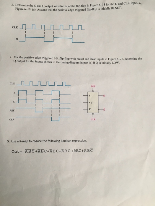 e Q and Q output waveforms of the flip-flop in Figure 6-18 for the D and CLK inpusts in Figure 6-19.(a). Assume that the positive edge-triggered flip-flop is initially RESEI CLK 4. For the positive edge-triggered J-K flip-flop with preset and clear inputs in Figure 6-27, determine the Q output for the inputs shown in the timing diagram in part (a) if Q is initially LOW CLK 几几几几几几 PRE PRE CLR CLR 5. Use a K-map to reduce the following Boolean expression