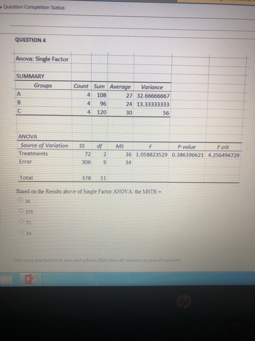 Question Completion Status QUESTION 4 Anova: Single Factor SUMMARY Groups Count Sum Average Variance A 4 108 27 32.66666667 B