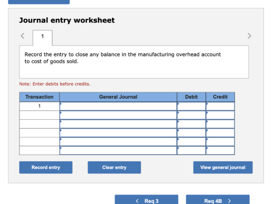 Journal entry worksheet 1 Record the entry to close any balance in the manufacturing overhead account to cost of goods sold.