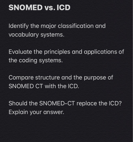 SNOMED vs. ICD Identify the major classification and vocabulary systems. Evaluate the principles and applications of the codi