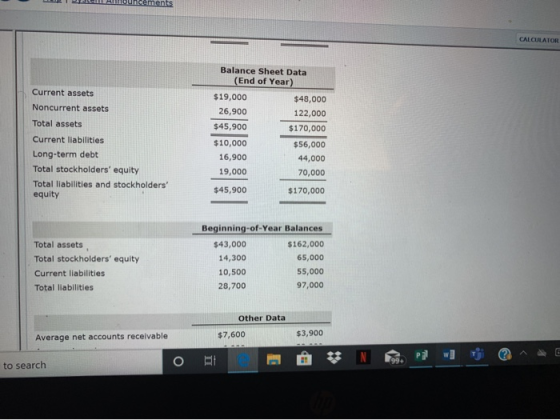 nouncements CALCULATOR Balance Sheet Data (End of Year) $48,000 122,000 $170,000 Current assets Noncurrent assets Total asset