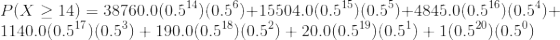 \\ P(X \ge 14) = 38760.0 (0.5^{14}) (0.5^{6}) + 15504.0 (0.5^{15}) (0.5^{5}) + 4845.0 (0.5^{16}) (0.5^{4}) + 1140.0 (0.5^{17}) (0.5^{3}) + 190.0 (0.5^{18}) (0.5^{2}) + 20.0 (0.5^{19}) (0.5^{1}) + 1 (0.5^{20}) (0.5^{0})