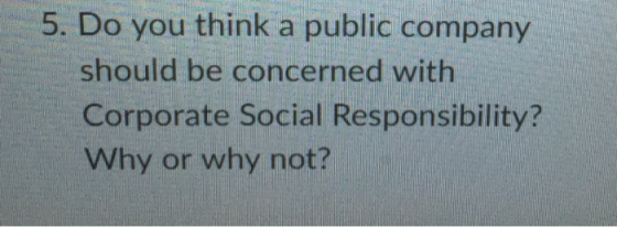 5. Do you think a public company should be concerned with Corporate Social Responsibility? Why or why not?