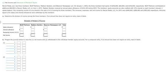 LLC Net Income and Statement of Members Equity Marvel Media, LLC, has three members: WLKT Partners, Madison Sanders, and Observer Newspaper, LLC. On January 1, 20Y2, the three members had equity of 245,000, $60,000, and $145,000 respectively. WLKT Partners contributed an additional $60,000 to Marvel Media LLC on June 1, 20Y2. Madison Sanders received an annual salary allowance of $142,100 during 20Y2 The members equity accounts are also credited with 12% interest on each members January 1 capital balance. Any remaining income is to be shared in the ratio of 4:3:3 among the three members. The revenues, expenses, and net income for Marvel Media, LLC, for 20Y2 were $648,965, $288,965 and $360,000 respectively. Amounts equal to the salary and interest allowances were withdrawn by the members. a. Determine the division of income among the three members. If an amount box does not require an entry, leave it blank Schedule of Division of Income WLKT Partners Madison Sanders Observer Newspaper, LLC Total lary allowance Interest allowance Remaining income (4:3:3) Net income b. Prepare the journal entries to close the (1) net income and (2) withdrawals to the individual member equity accounts. For a compound entry, if an amount box does not require an entry, leave it blank.