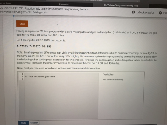 TOUS: Home 3.6. Variables/Assignments: Driving costs My library > PRG 211: Algorithms & Logic for Computer Programming home >