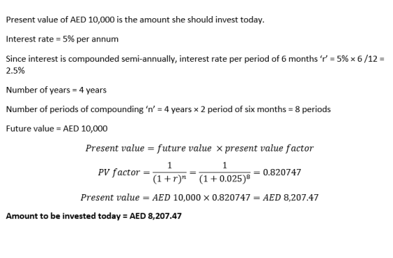 Present value of AED 10,000 is the amount she should invest today. Interest rate = 5% per annum Since interest is compounded