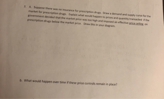3. Suppose there was no insurance for prescription drugs. Draw a demand and supply curve for the market for prescription drugs. Explain what would happen to prices and quantity transacted if the government decided that the market price was too high and imposed an effective price ceiling on prescription drugs below the market price. Draw this in your diagram. A. b. What would happen over time if these price controls remain in place?