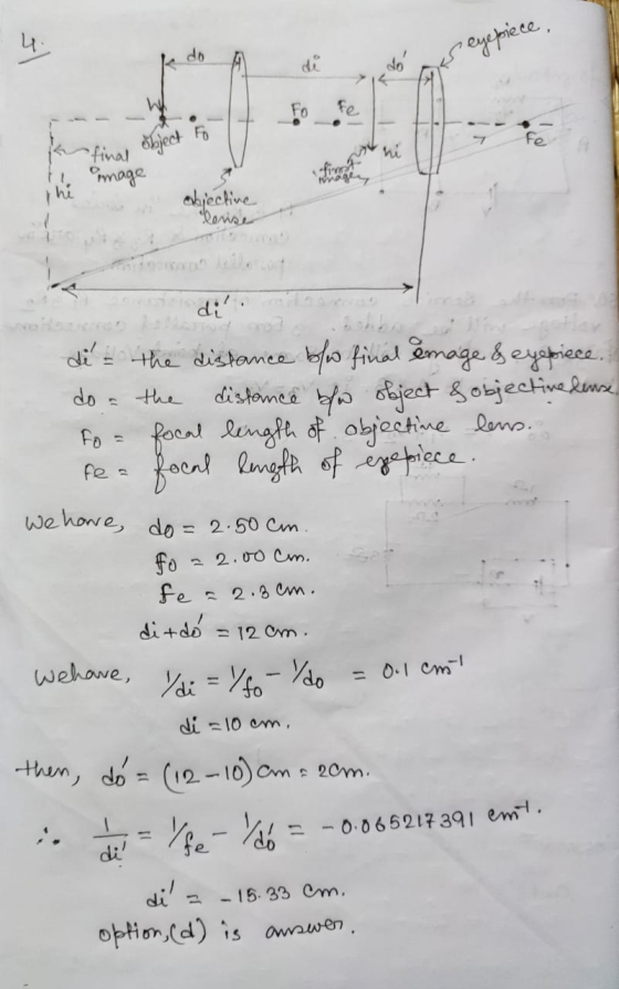 heyepiece, Fo Fe ohject to Fe -final mage thi objective Cerise dili de = the distance bo final emage & eyepiece. distance be