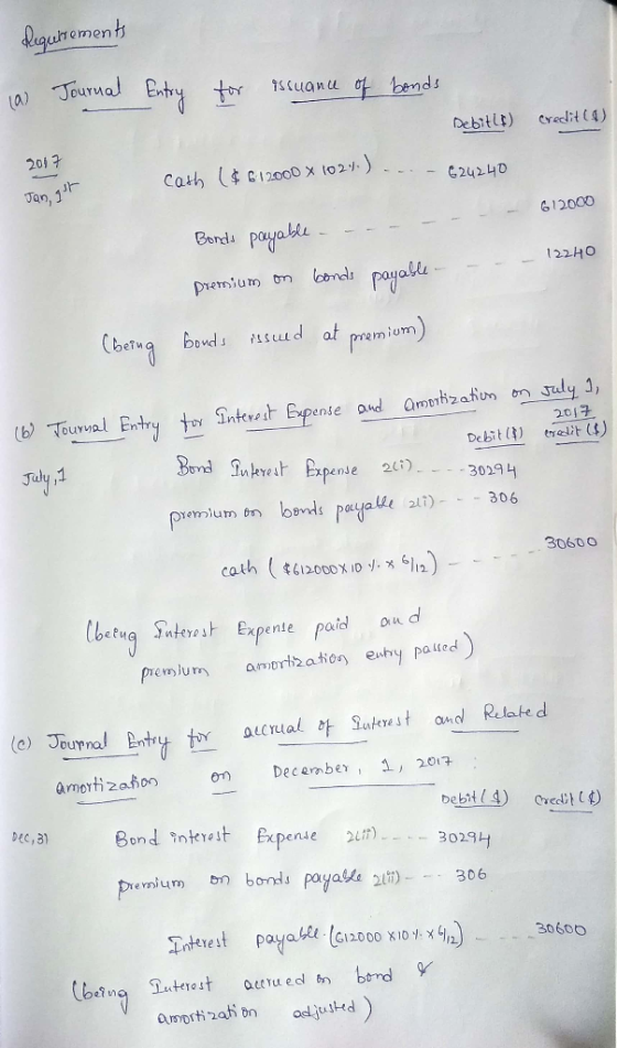 fegursements (a) Journal Entry for issuance of bonds Debit) Oreclit ) 2017 2017 cath ($612000 x 1021) ... – 624240 Jan, 1 612