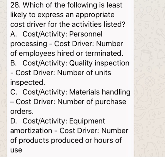 28. Which of the following is least likely to express an appropriate cost driver for the activities listed? A. Cost/Activity: