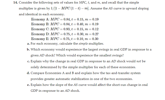 14. Consider the following sets of values for MPC, t, and m, and recall that the simple multiplier is given by 1/[1 – MPC (1