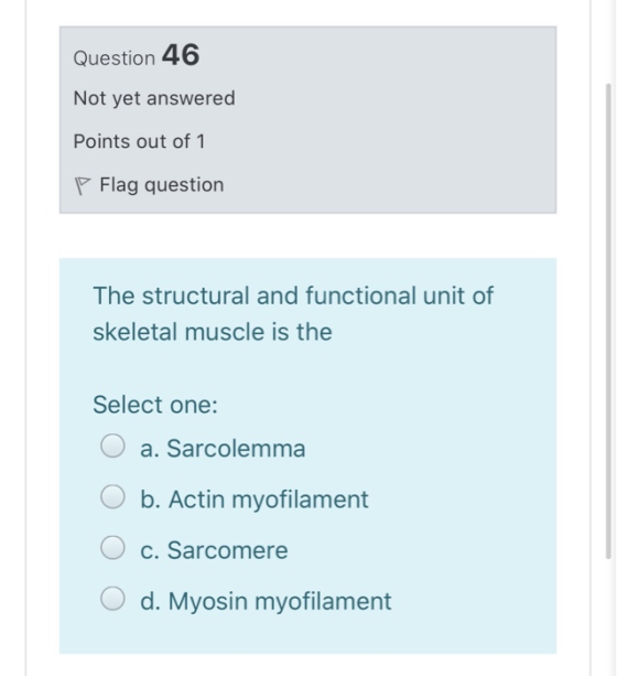 Question 46 Not yet answered Points out of 1 P Flag question The structural and functional unit of skeletal muscle is the Sel