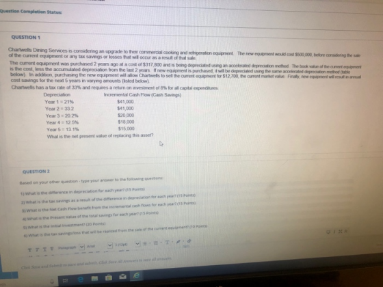 Question Completion Status QUESTION 1 Chartwells Dining Services is considering an upgrade to their commercial cooking and re