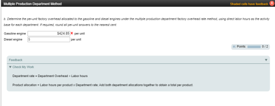 Multiple Production Department Method Shaded cells have feedback. X b. Determine the per-unit factory overhead allocated to t