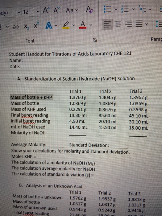 Aav ν Α Α 12 Ро Ever dy) V v V vab x, x ADA Font Parac Student Handout for Titrations of Acids Laboratory CHE 121 Name: Dat